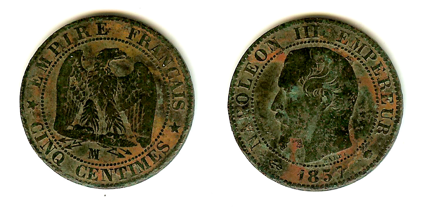 Cinq centimes Napoléon III, tête nue 1857 Marseille TB+